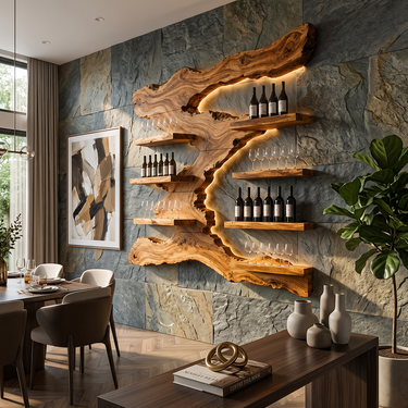 Aurelis Sculptural Wood Wine Wall with Asymmetric Shelves