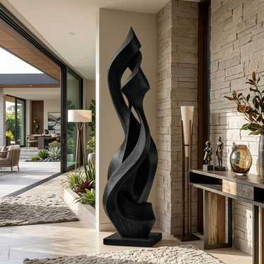 Abstract Wood Sculpture With Layered Flame Twist Form