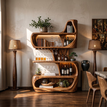 Sculptural Cascade Bar Cabinet With Flowing Open Display Shelves
