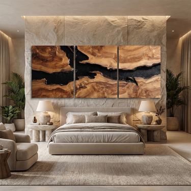 Natural Wood Wall Art With Black River Triptych Panels