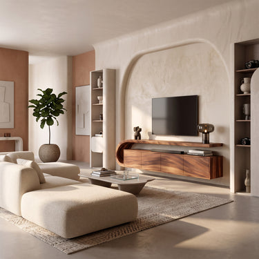 Floating Curved TV Cabinet with Loop Shelf & Concealed Storage
