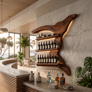 Sculptural Wing Form Wall Wine Holder with Tiered Bottle Shelves and Stemware Rack