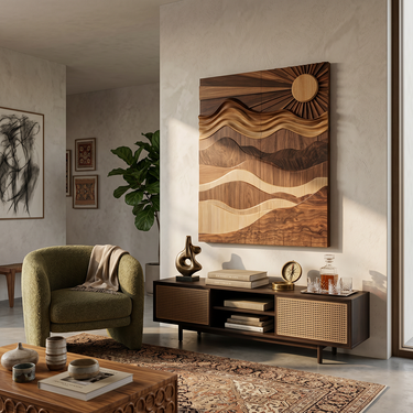 Two Panel Wood Wall Art With Sunburst Landscape Relief