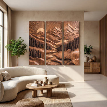 Three Panel Mountain Wood Wall Decor With Sunrise Relief