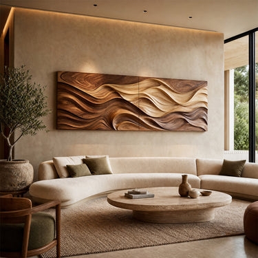 Large Wood Wall Decor With Flowing Natural Wave Relief