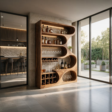 Sculptural Ribbon Flow Bar Cabinet With Wine Rack and Stemware Storage