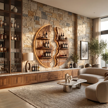 Split Circle Wall Wine Holder with Live Edge Shelves