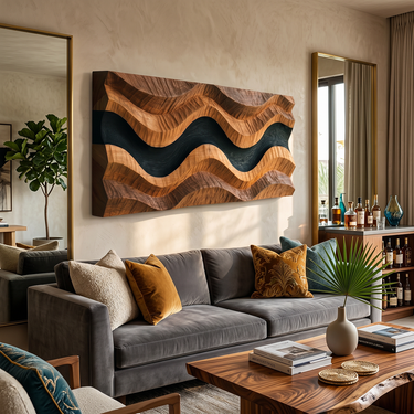 Rectangular Wood Wall Art With Carved Wave Relief Design