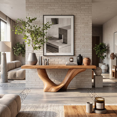 Sculptural V Curve Console Table with Flowing Wood Base