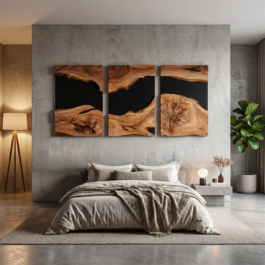 Natural Wood Wall Art With Black River Triptych Design