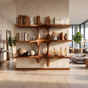 Sculptural Grid Wall Bookshelves with Flowing Organic Niches