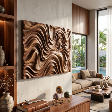 Rectangular Wood Wall Art With Abstract Wave Relief Design