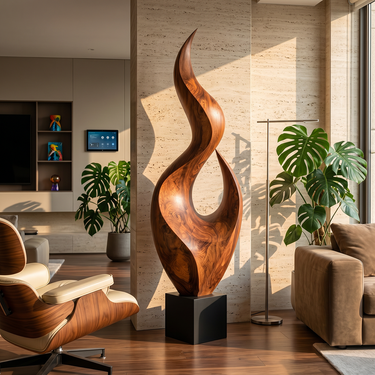Tall Flame Curve Sculpture with Open Leaf Center