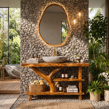 Verdant Branch Solid Wood Bathroom Vanity with Open Shelves