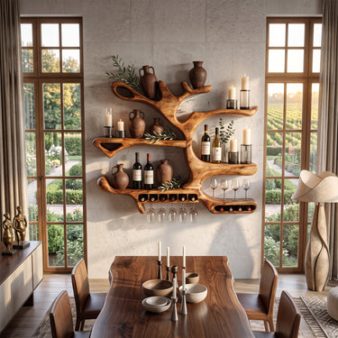 Sculptural Organic Wall Wine Holder with Bottle Storage and Glass Rack
