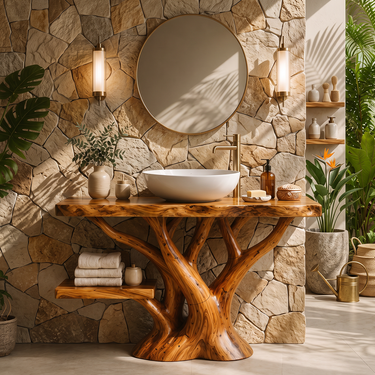 Arboris Solid Wood Sculptural Bathroom Vanity with Shelf