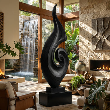 Abstract Wood Sculpture With Spiral Flame Leaf Form