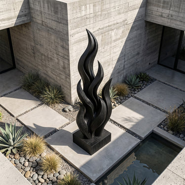 Abstract Wood Sculpture With Layered Flame Garden Design