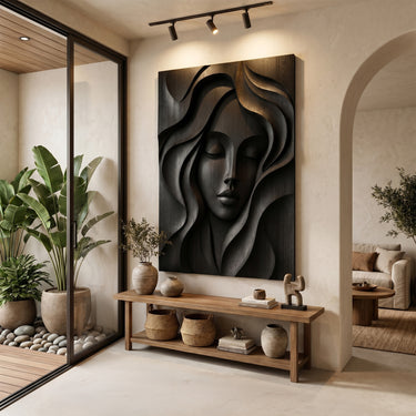 Female Face Wood Wall Decor With Flowing Hair Relief Design