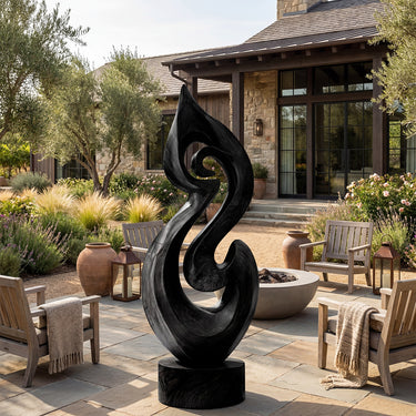 Abstract Infinity Flame Wood Sculpture With Open Spiral Design