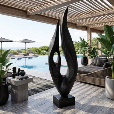 Abstract Wood Sculpture With Open Flame Waterfall Design