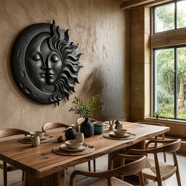 Sun and Moon Wood Wall Decor With Celestial Face Relief