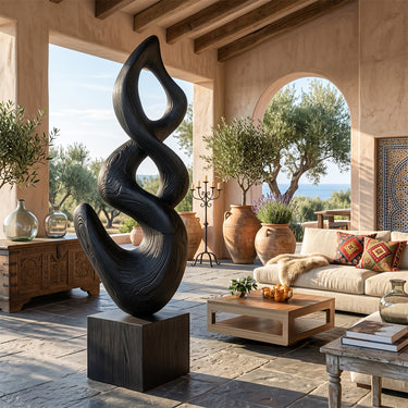 Abstract Wood Sculpture With Flowing Open Spiral Form