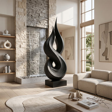Abstract Wood Sculpture With Flowing Flame Spiral Form