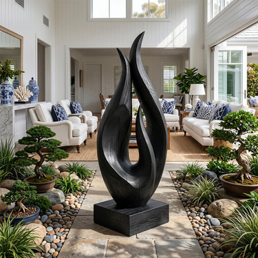 Abstract Wood Sculpture With Open Flame Leaf Design
