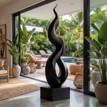 Modern Flame Wood Sculpture With Organic Curved Form