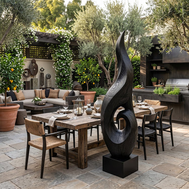 Abstract Wood Sculpture With Spiral Flame Garden Design