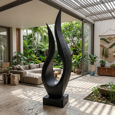 Abstract Wood Sculpture With Open Flame Leaf Form