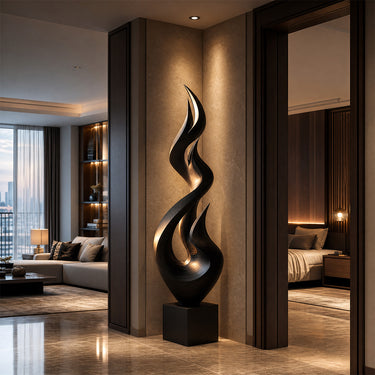 Abstract Wood Sculpture With Tall Flowing Flame Curve