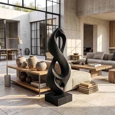 Abstract Wood Sculpture With Twisted Open Loop Design