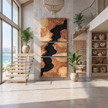 Natural Wood Wall Art With Black River Panel Design
