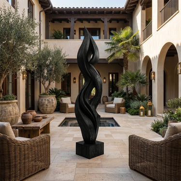 Outdoor Abstract Wood Sculpture With Tall Flame Leaf Form