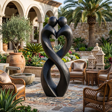 Lovers Wood Sculpture With Heart Shaped Embrace Design