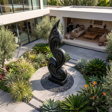 Abstract Wood Sculpture With Flowing Scroll Relief Design