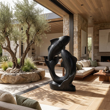 Dolphin Wood Sculpture With Ocean Wave Embrace Design