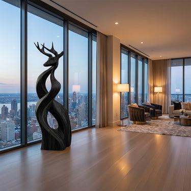 Deer Wood Sculpture With Twisted Ribbon Body Design