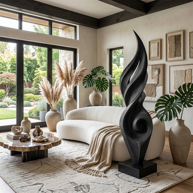 Abstract Wood Sculpture With Flowing Spiral Flame Form