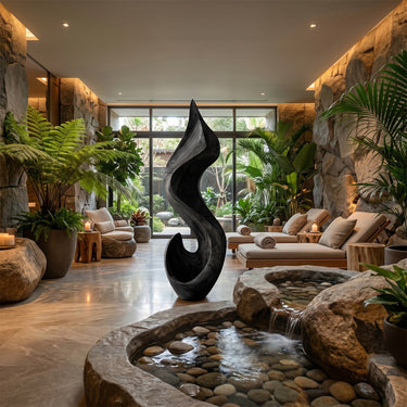 Abstract Wood Sculpture With Flowing Flame Form
