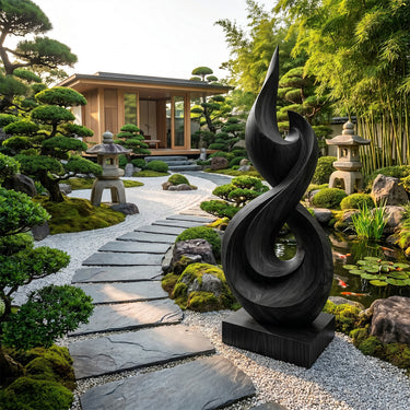 Abstract Wood Sculpture With Flowing Flame Ribbon Form
