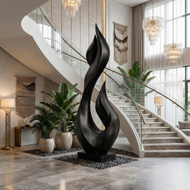 Abstract Wood Sculpture With Flowing Flame Leaf Form