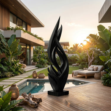 Outdoor Abstract Wood Sculpture With Flame Leaf Design