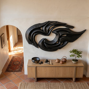 Abstract Circular Wood Wall Sculpture with Flowing Wave Relief
