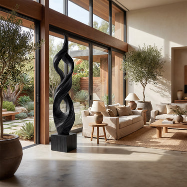 Twisted Flame Wood Sculpture With Open Spiral Form