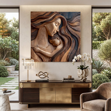 Mother and Child Wood Wall Decor With Flowing Hair Design