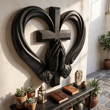 Praying Hands Cross Heart Wall Sculpture
