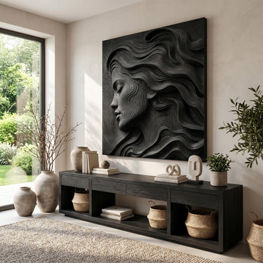 Female Profile Wood Wall Decor With Flowing Hair Relief